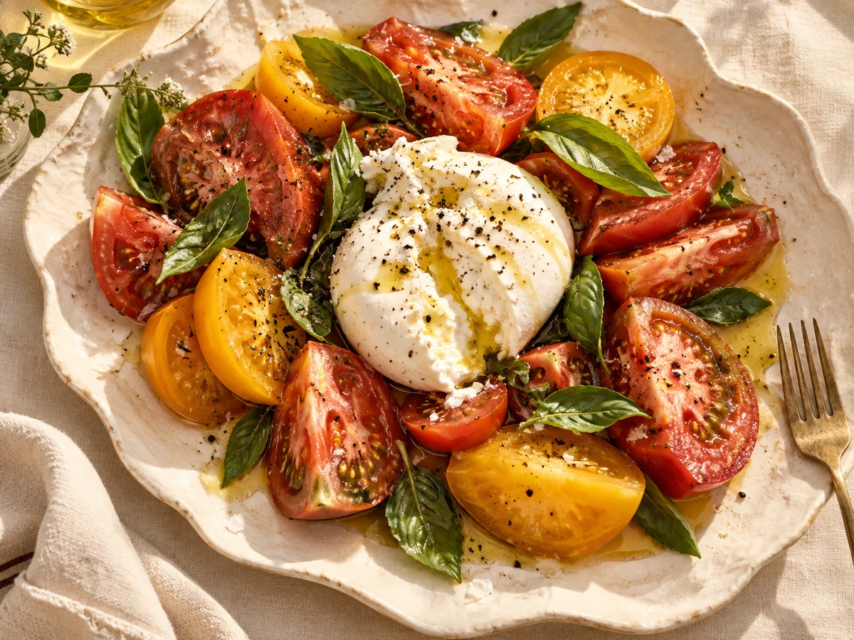 Heirloom tomatoes, burrata and basil beautifully arranged on an ivory platter