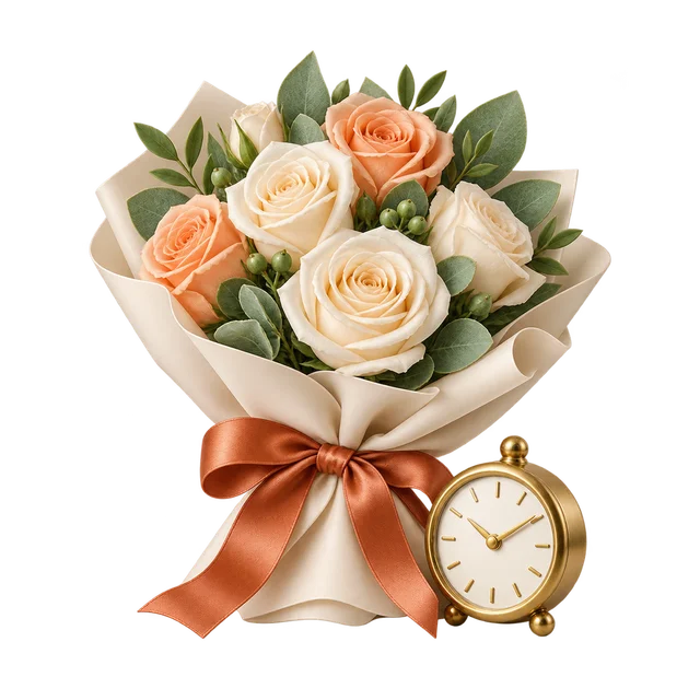 An apricot and ivory bouquet beside a small clock