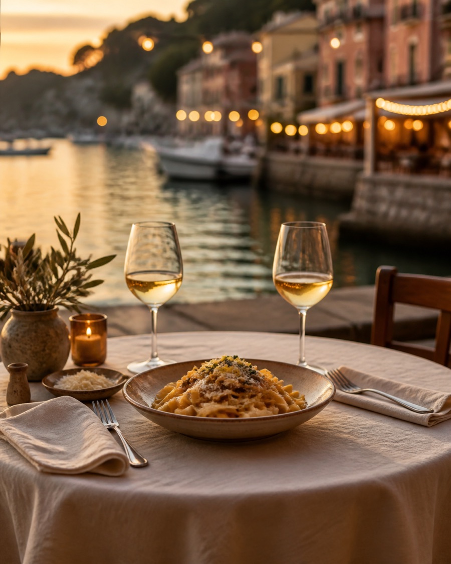 A warmly lit waterside dinner table, ready for a special occasion